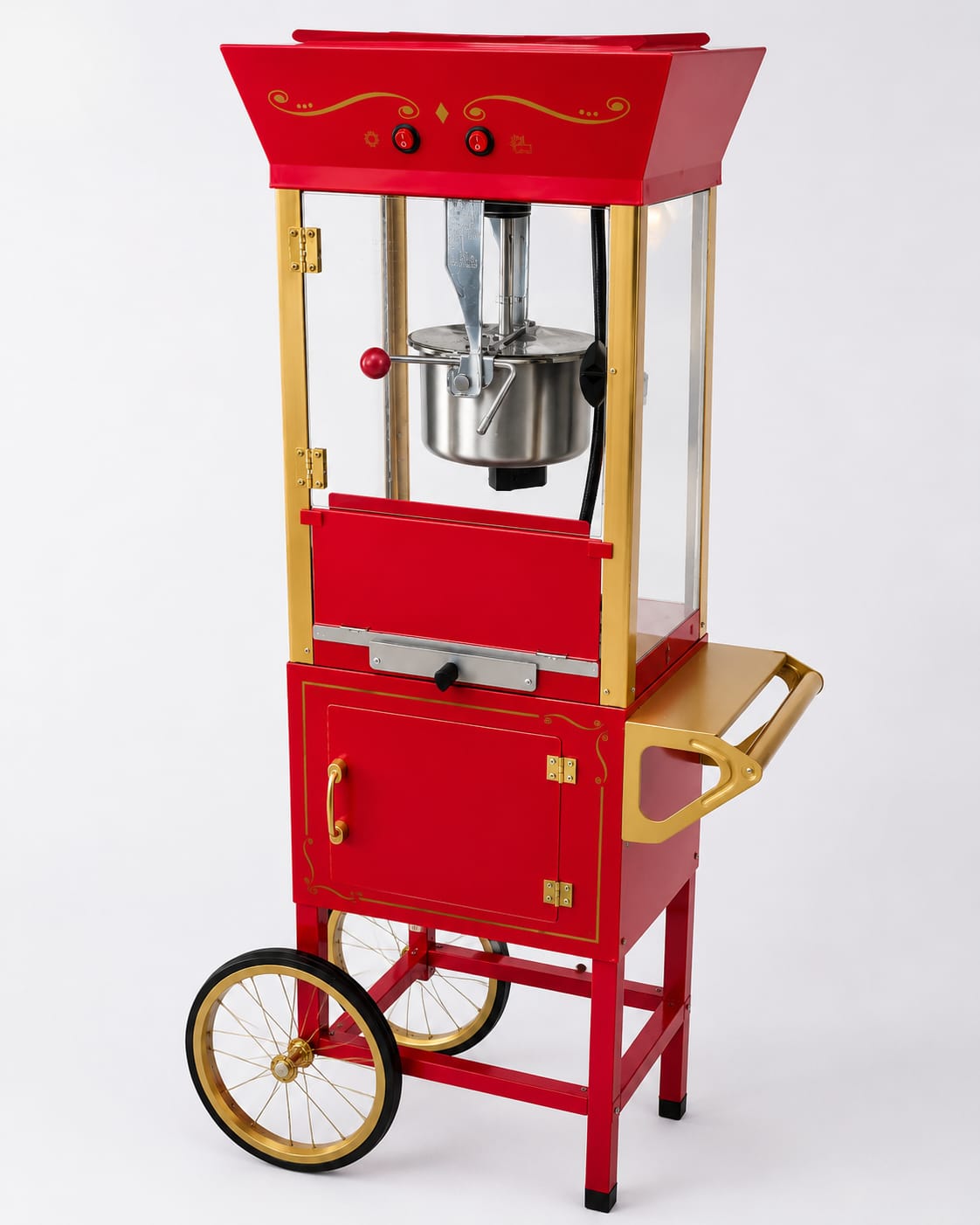 Máquina de poporopos roja y dorada en alquiler para eventos