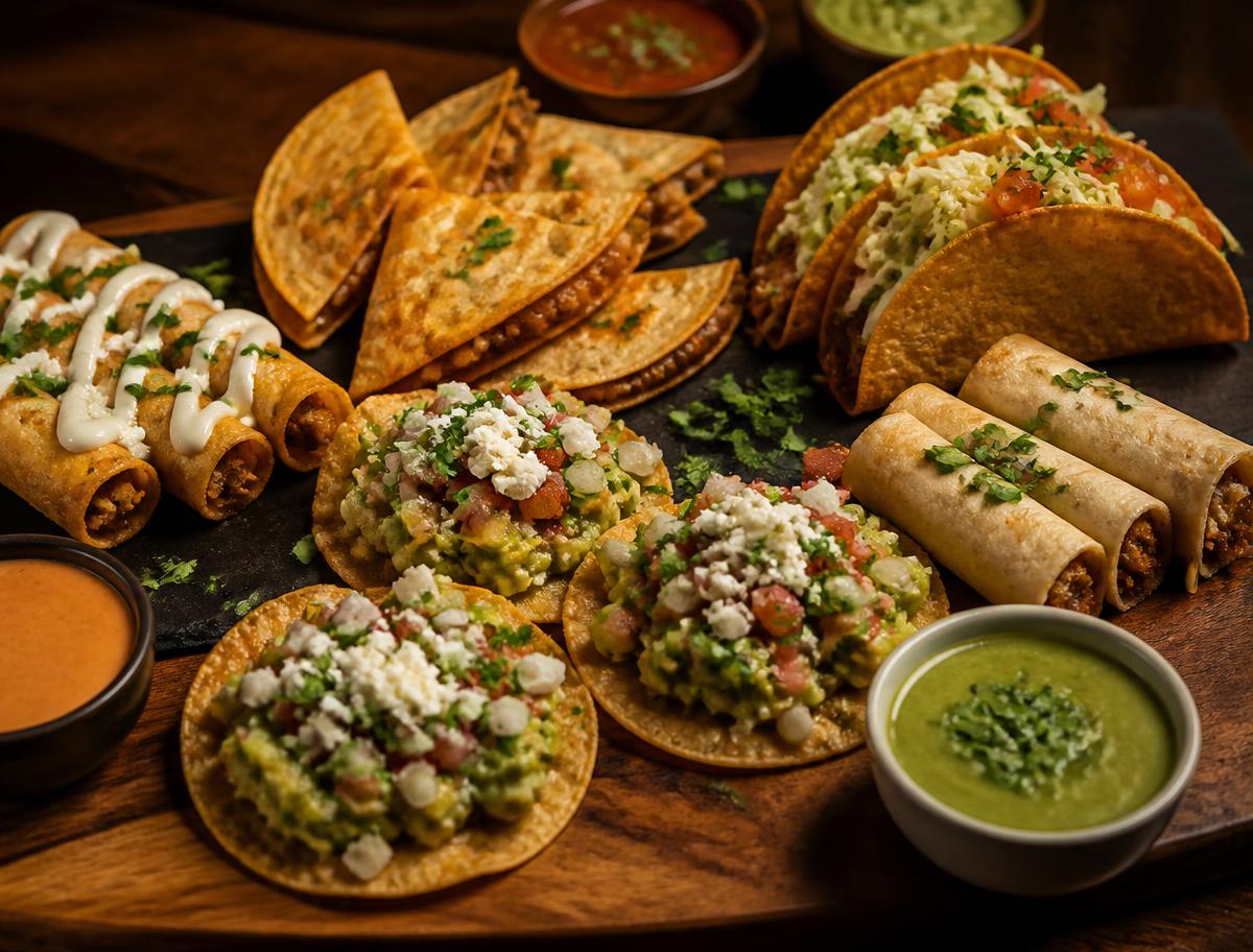 Tabla de boquitas con flautas, tostadas, dobladas, tacos duros y alitas de pollo