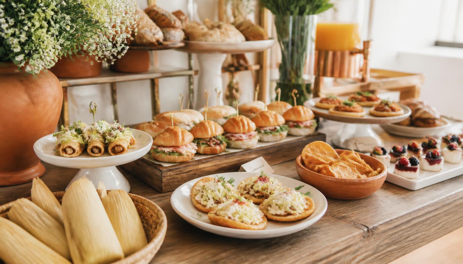 Mesa de break, brunch y boquitas con tamales, panes, flautas, tostadas y postres