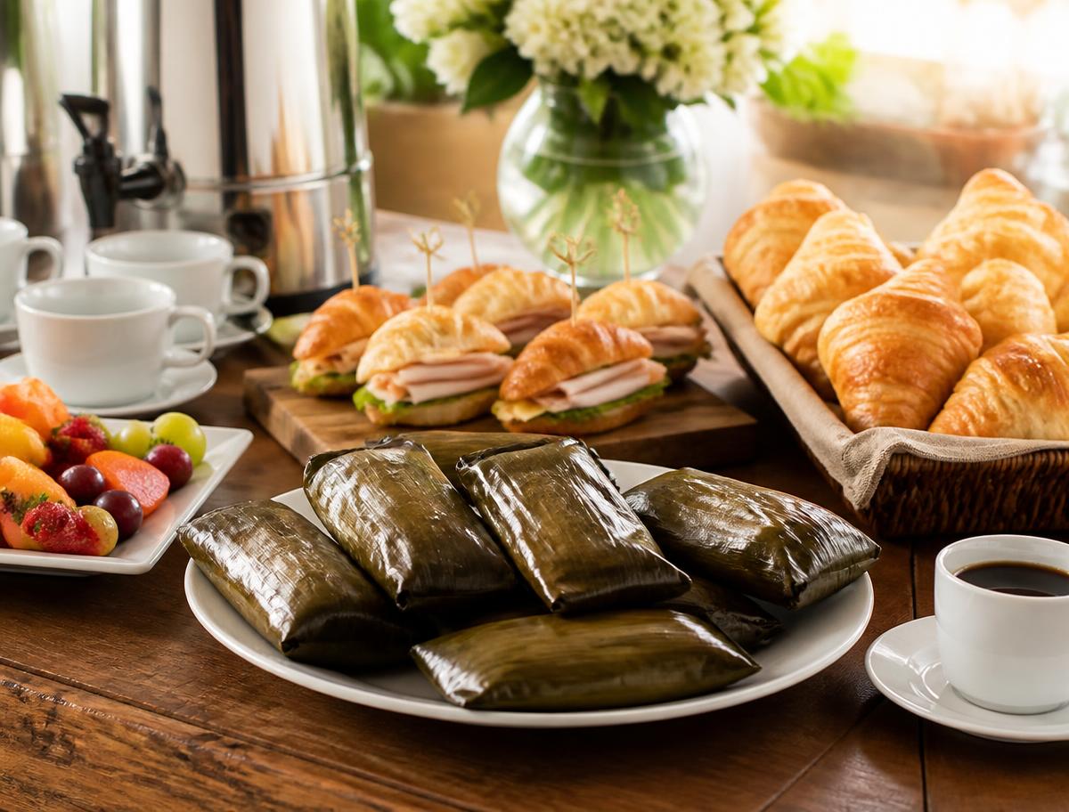 Estación de café con tamales de arroz, croissants, bagels y panes rellenos