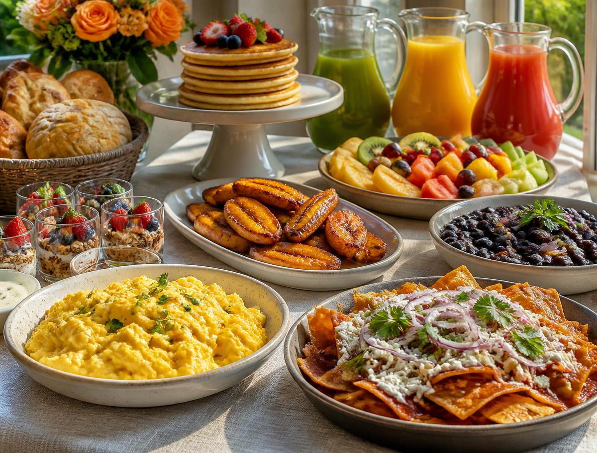 Mesa de brunch con huevos, plátanos, frijoles, tortillas de harina y jugos naturales