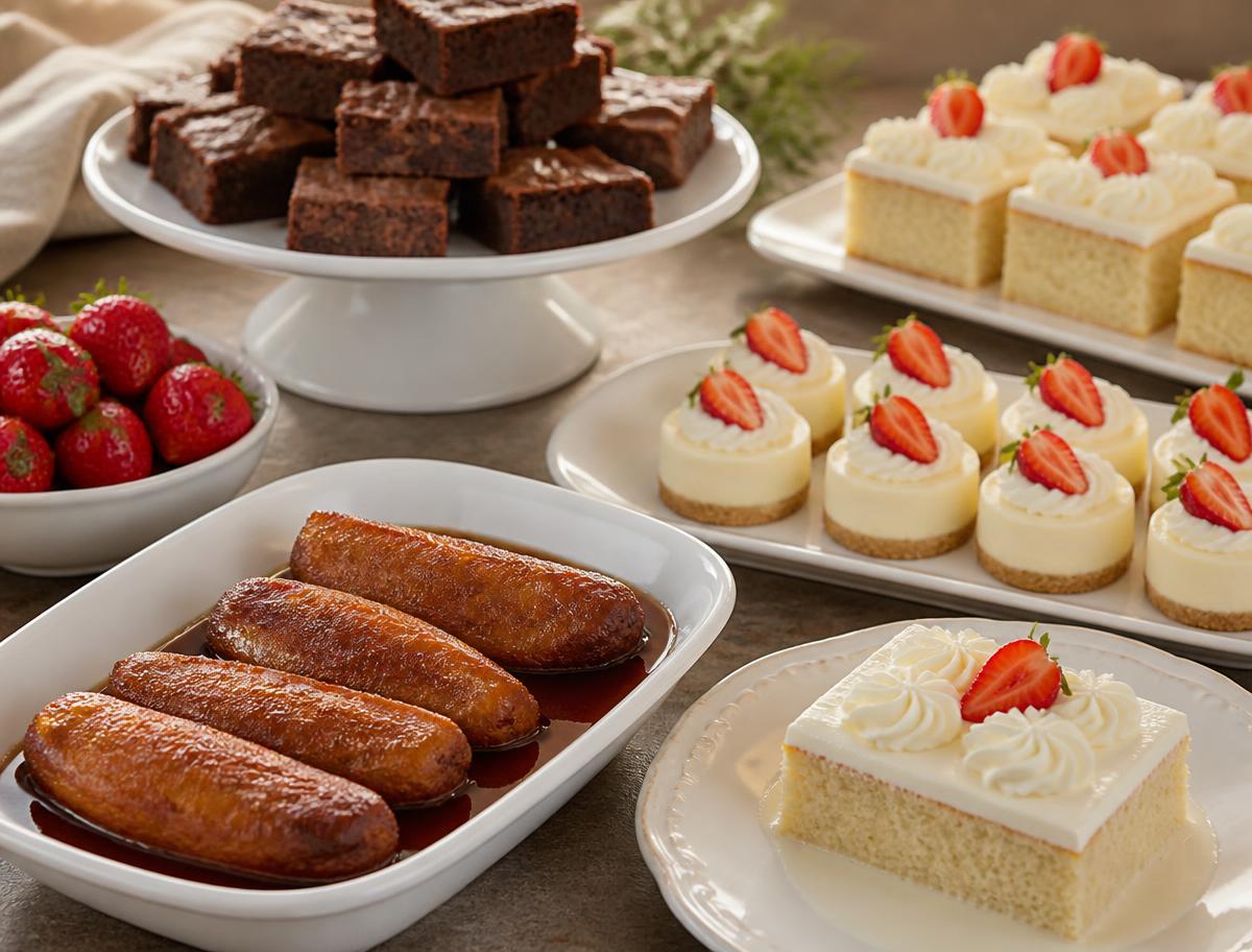 Mesa de postres con rellenitos, pastelitos, brownies, cupcakes, pie de limón y buñuelos